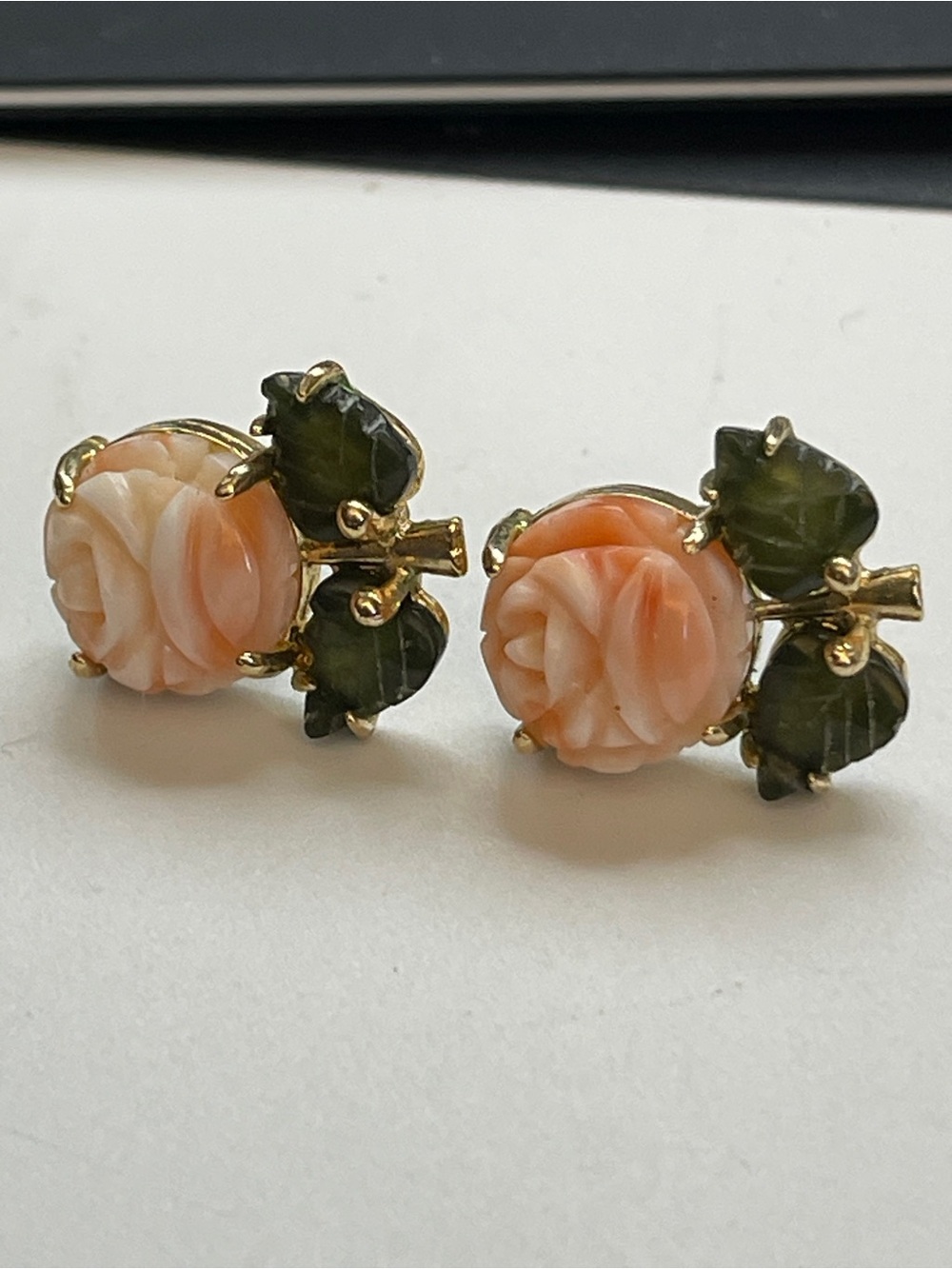 Hand-Carved Coral Rose and Green Leaf Stud Earrings - Gold Tone